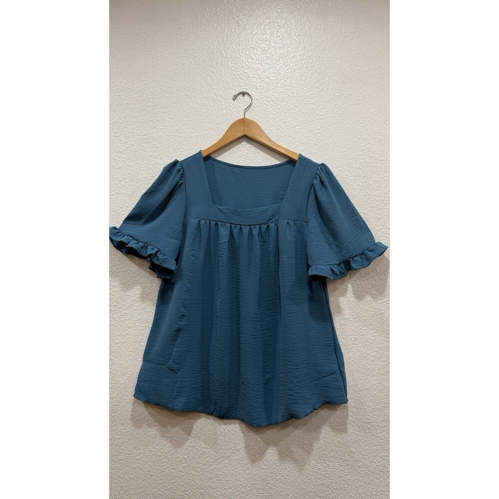Women’s Lake Blue Ruffle Sleeve Blouse Square Neck Size L